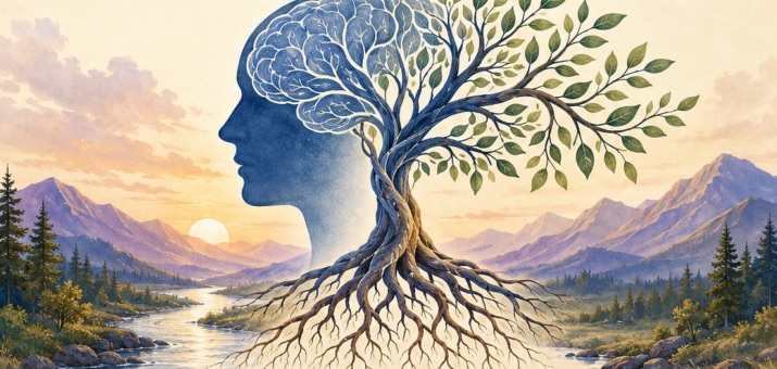 Book cover art: a human profile whose brain grows into a leafy tree with deep roots, above a mountain valley at sunrise