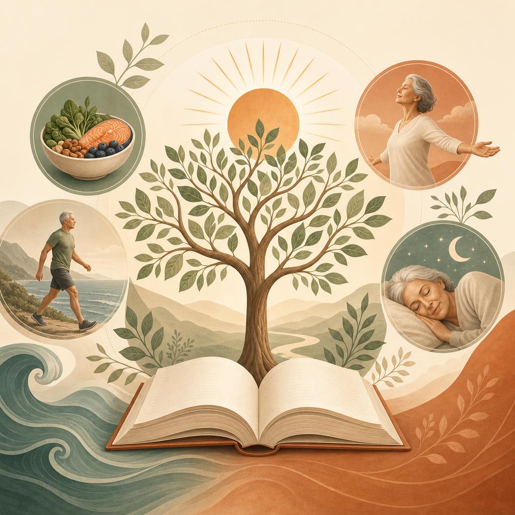 Human Resilience book artwork featuring a tree, an open book, and scenes of healthy daily life